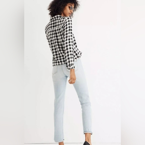 Madewell Top Womens Small Black White Buffalo Check Plaid Wrap Front Shirt - Picture 2 of 9